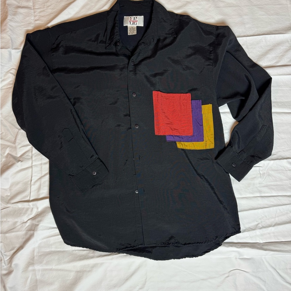 Vintage 90’s Le Paco Color‎ Block Abstract Rayon Button Down Shirt.
